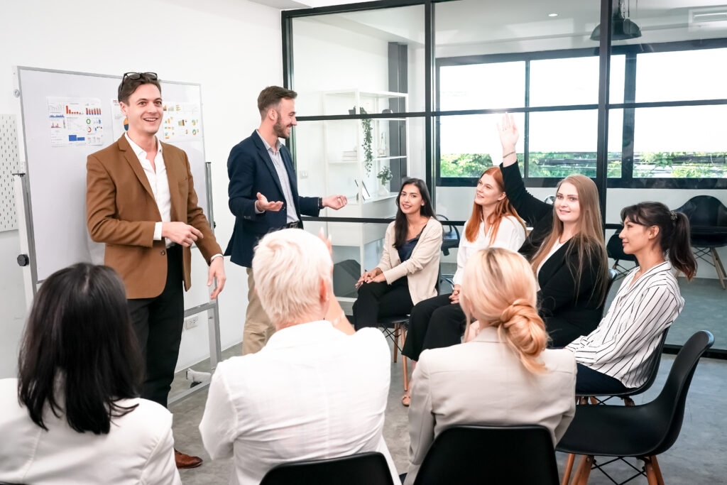 A corporate training session with instructors and students